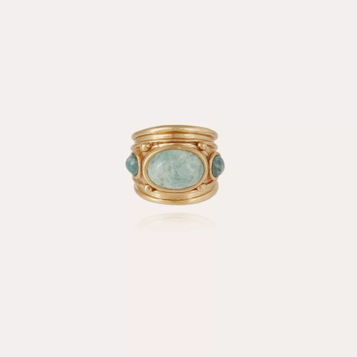 Gas Bijoux Bagues>Bague Simone dorée - Amazonite & Apatite bleue Nacre blanche