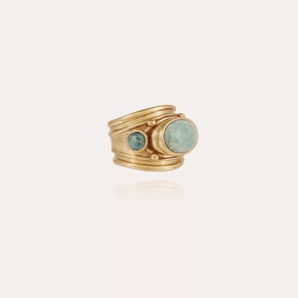 Gas Bijoux Bagues>Bague Simone dorée - Amazonite & Apatite bleue Nacre blanche