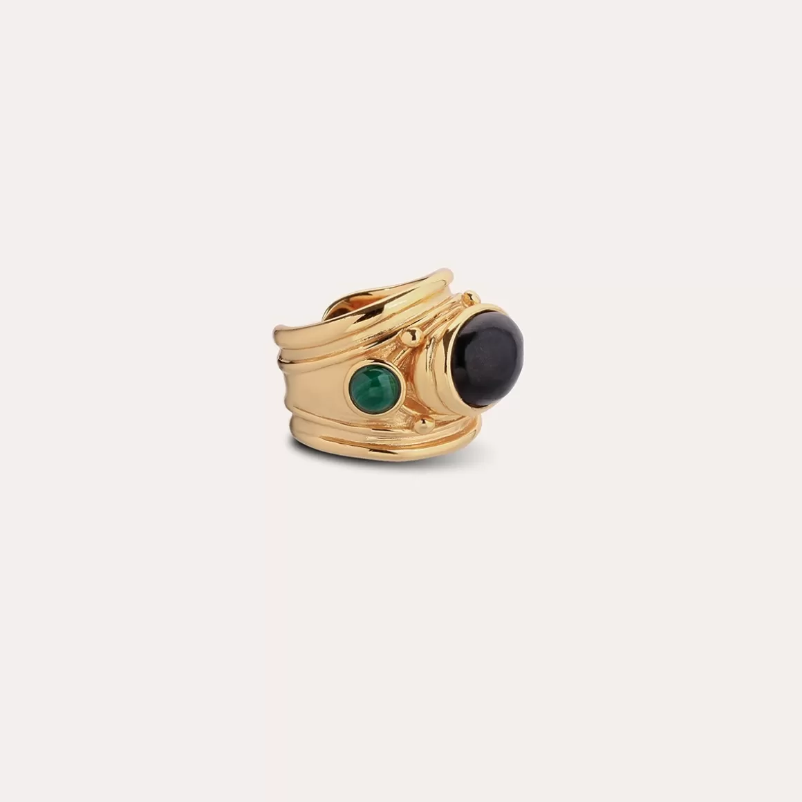 Gas Bijoux Bagues>Bague Simone dorée - Basalt noir & Malachite Nacre blanche